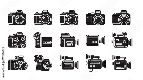 Set of camera and camcorder icons simple black vector glyphs for photography and video isolated on w