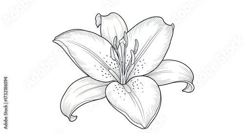 Line drawing Lily flower facing viewer, stamens and spots shown
