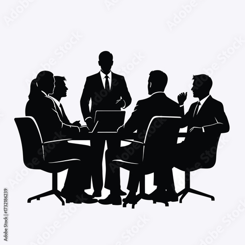 Business meeting silhouette of professionals discussing ideas around a table silhouette
