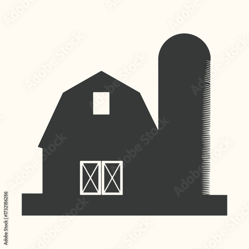 Vector art of silhouette of a barn with a silo, representing agriculture and rural life, isolated on a light cream background, a simple graphic illustration