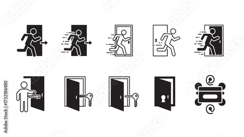 Emergency exit icon set vector silhouette and outline glyphs for safety and evacuation guidance