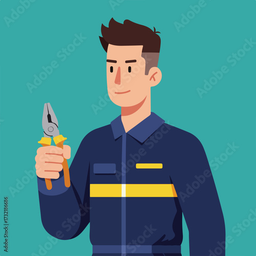 Cartoon electrician in navy uniform holding pliers on turquoise background