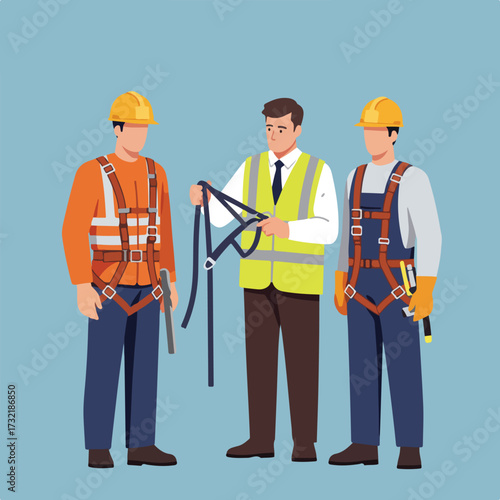 Men in construction gear being shown safety harnesses on light blue background