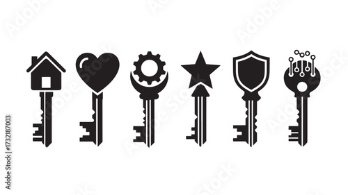 Set of symbolic keys black and white vector icons for security access and concepts