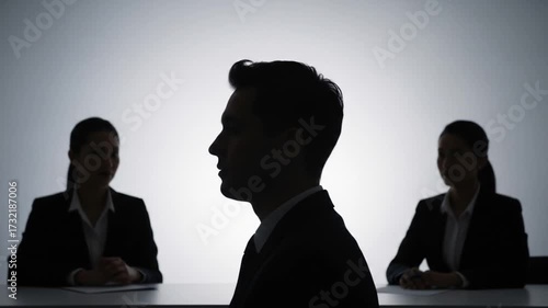 Silhouetted man during a job interview with two interviewers in a minimalistic, professional setting