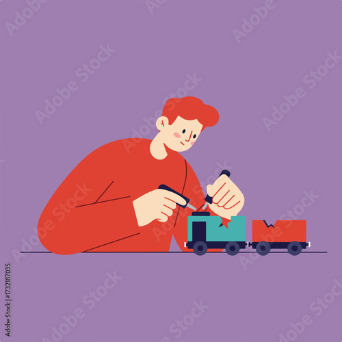 Man fixes a toy train car, using glue on a purple background, flat design