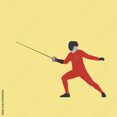 Fencer lunges forward, foil extended, on a light yellow backdrop