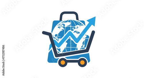 Global market analysis showcasing rising trends with shopping trolley and world map imagery