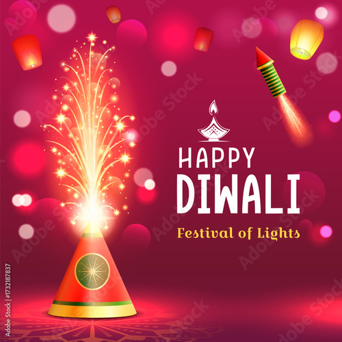 happy diwali colorful bokeh background with decorative diya oil lamp flowers hot air balloons lights and typography