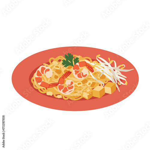 Pad Thai with shrimp, tofu, sprouts on a plate