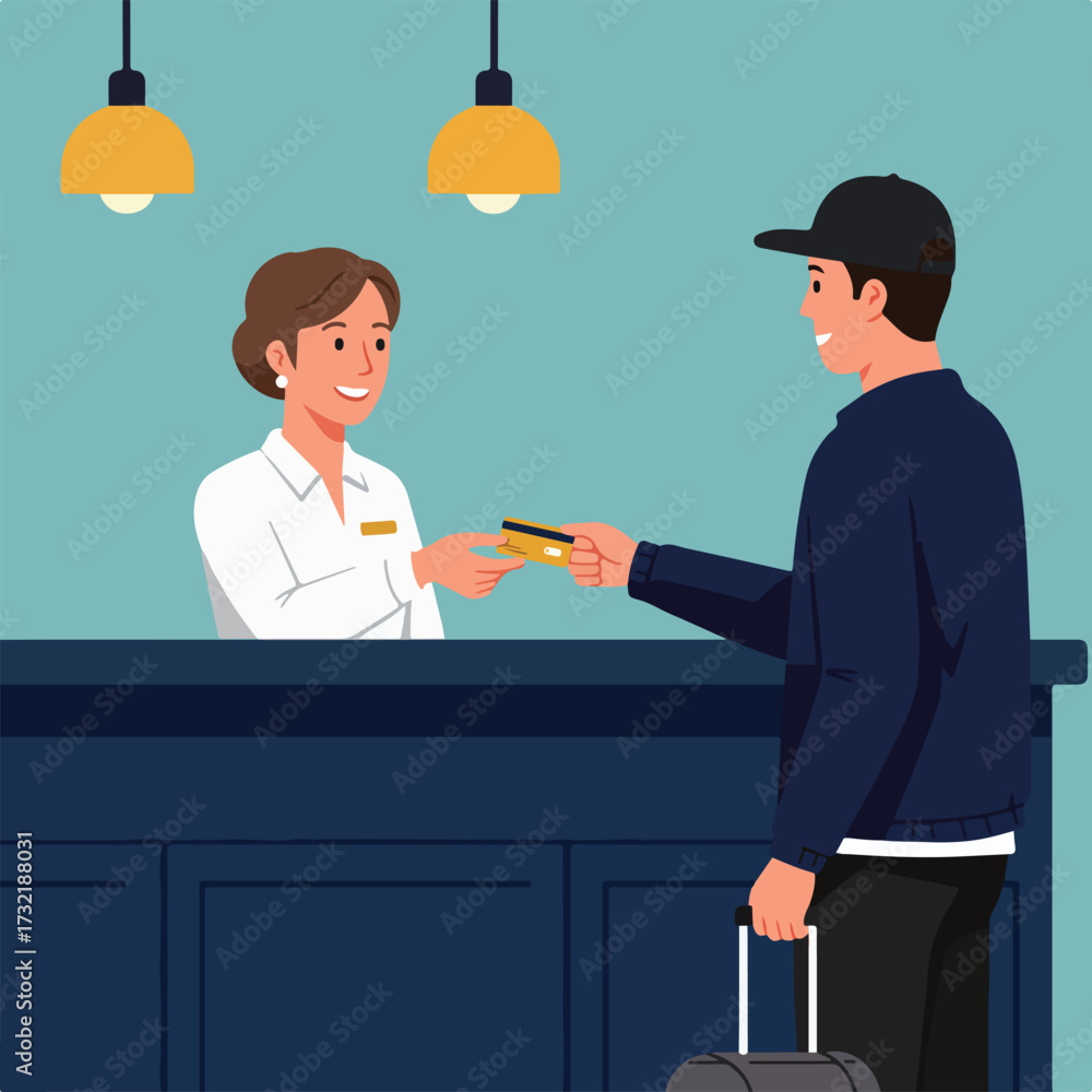 Obraz premium Hotel receptionist takes payment card from guest with luggage at reception