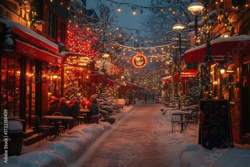 People walking down a snowy street lit by lights.