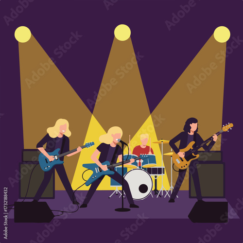 Band performs under bright lights, guitarist singing, drummer, bassist playing