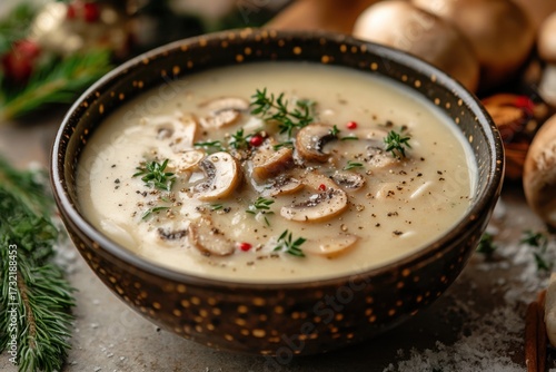 Bowl of mushroom soup with fresh mushrooms and herbs.