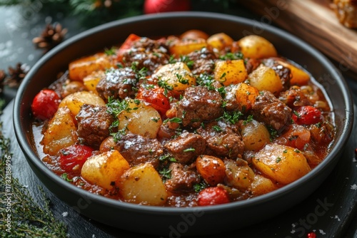 Bowl of hearty beef stew with potatoes and tomatoes, steam rising.