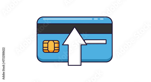 Blue credit card with an arrow pointing upwards illustrating financial transactions and secure