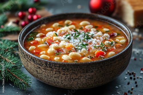Bowl of minestrone soup topped with cheese and herbs.