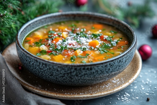 Bowl of soup with spoon and napkin.