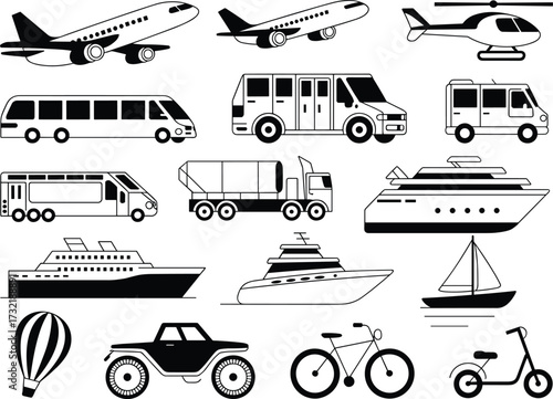 Collection of transportation vehicles and aircraft icons airplane
