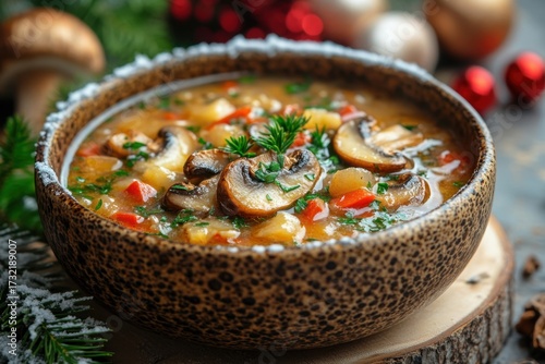Bowl of mushroom soup with mushrooms and vegetables.