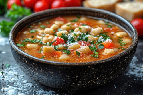 Bowl of minesta with tomatoes and parise.