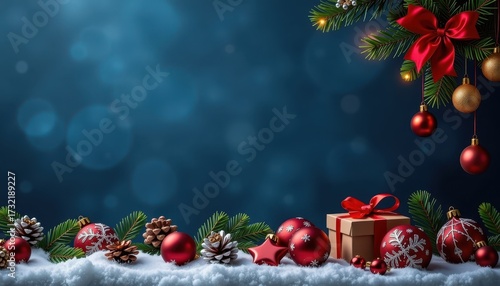 Christmas border with red ornaments and snow on a blue background, perfect for festive banners or cards.