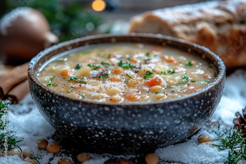 Bowl of soup with spoon and bread.