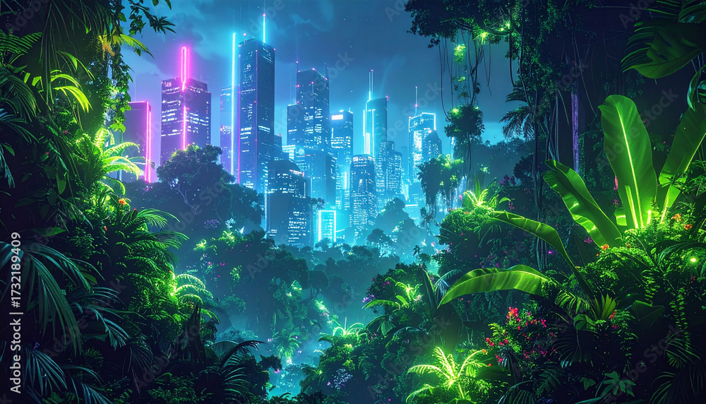 Fototapeta premium A futuristic neon-lit city skyline seamlessly blended with a dense jungle of glowing plants and vines, contrast between technology and wild nature, ultra-detailed, high resolution, no text.