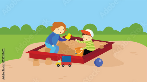 Children playing in sandbox vector illustration. Flat design of children playing in sandbox vector illustration.