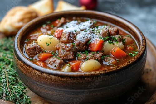 Beef stew with potatoes and herbs in a bowl.