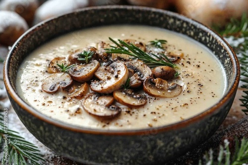 Bowl of creamy mushroom soup with fresh thyme garnish.
