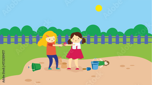 Children play in the sandbox on a summer day. Flat design vector illustration.