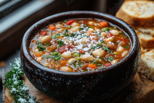Bowl of minestrone soup with bread and parsley on the side.