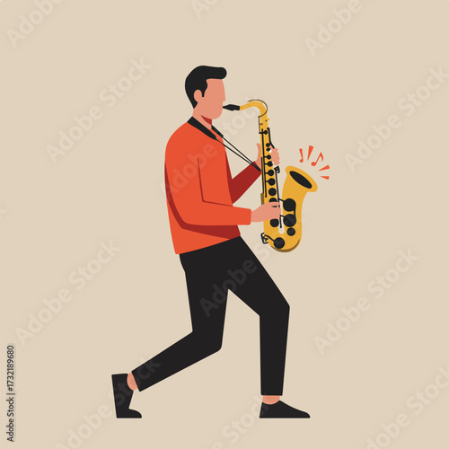 Man in orange shirt plays a golden saxophone on a beige background