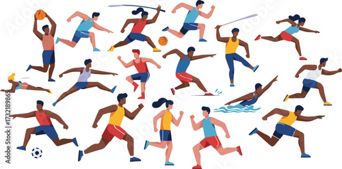 Diverse group of people engaged in various athletic activities and sports, showcasing physical fitness and healthy lifestyle choices