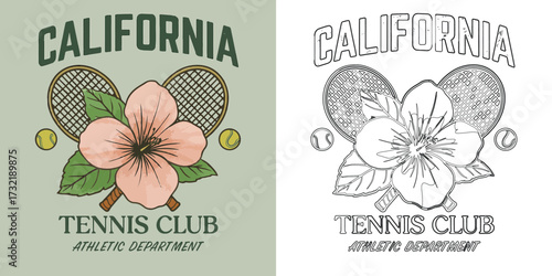 California tennis club vector illustration T shirt design with rackets flower and athletic sports retro style isolated on white background