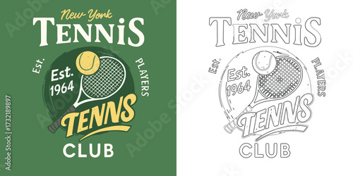 New York tennis club vector illustration T shirt design with ball racket retro sports typography emblem isolated on white background