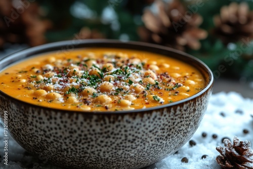 Bowl of soup with spoon and steam.