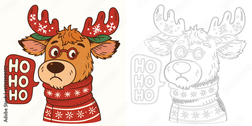 Fototapeta premium Christmas deer ho ho ho vector illustration T shirt design with cartoon reindeer winter holiday festive style isolated on white background