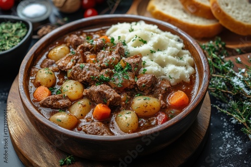 Beef stew with potatoes and carrots in a bowl.