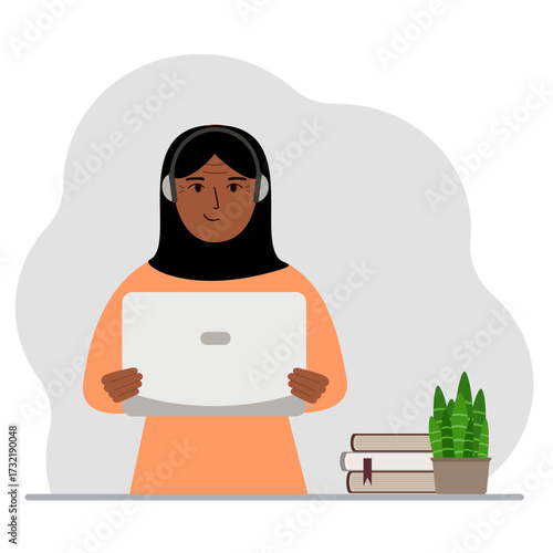 Muslim woman with laptop and headphones. Working from home, student, freelancer, assistant, blogger or businessman. Home office concept. Vector flat illustration