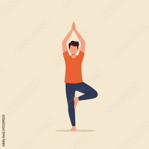Person in tree pose with hands together, centered on a plain background