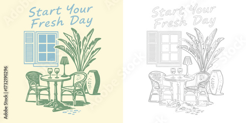 Start your fresh day vector illustration T shirt design with outdoor café table retro summer lifestyle style isolated on white background