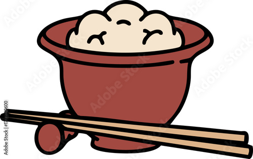 japanese rice in traditional bowl with chopsticks