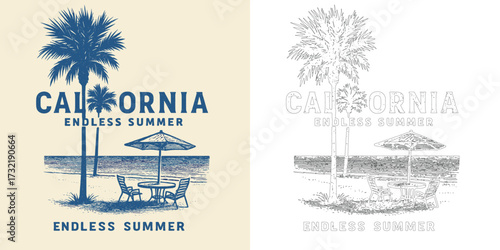 California endless summer vector illustration T shirt design with beach umbrella retro typography vacation style isolated on white background