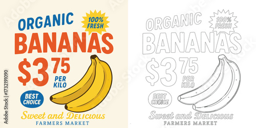 Organic bananas vector illustration T shirt design with fruit retro typography grocery tropical style isolated on white background