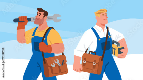 The repairman is carrying a tool bag, cartoon hand-drawn vector illustrations
