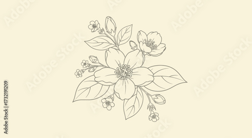 Wallpaper Mural Floral design sketched blossom, buds, leaves on a pale backdrop Torontodigital.ca