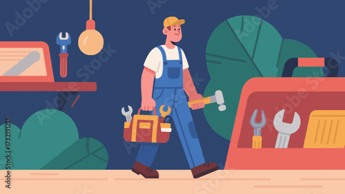 The repairman is carrying a tool bag, cartoon hand-drawn vector illustrations