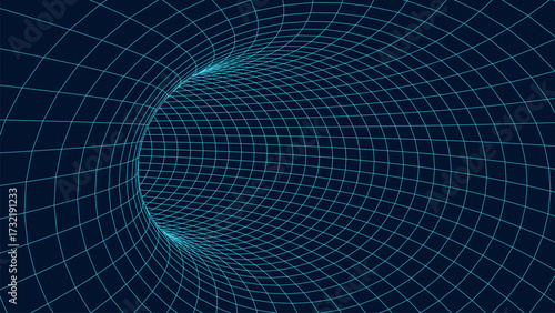 Graphic illusion of a tunnel. Holes in a funnel or mesh. Abstract 3D wireframe wormhole. Vector illustration.